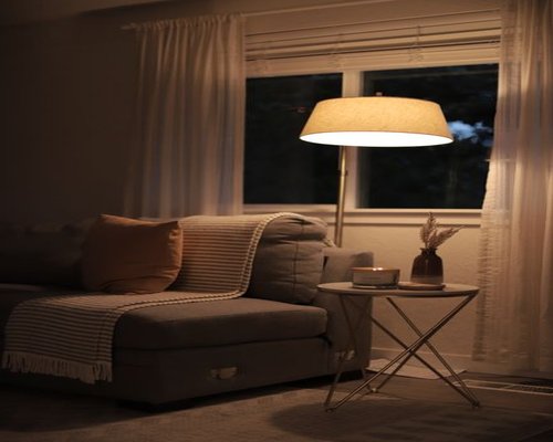 A cozy living room setting in the evening